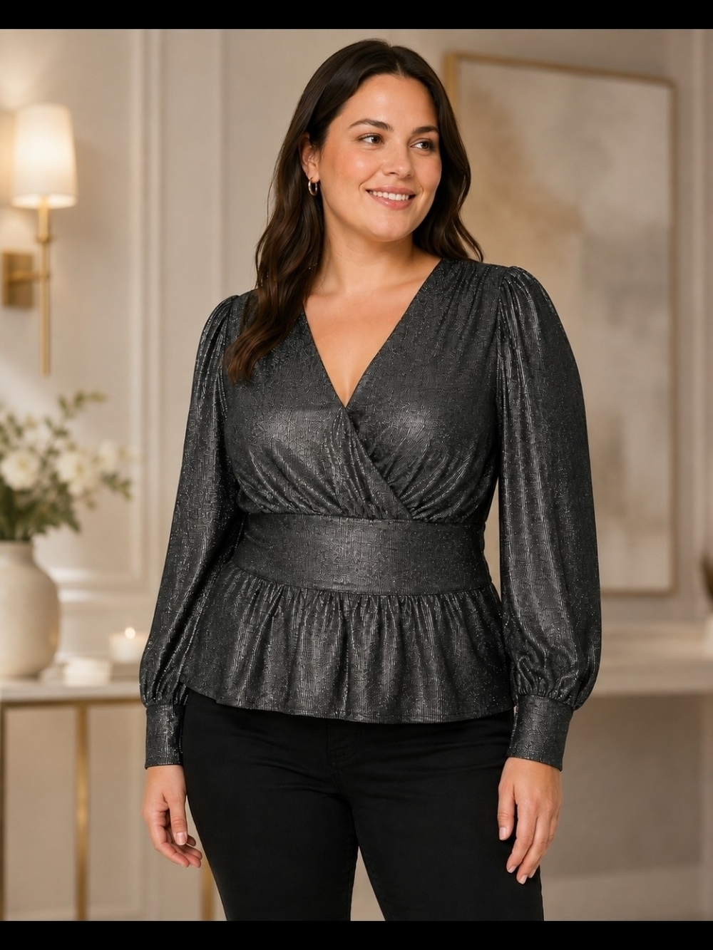 Karl Lagerfeld Shimmery Black Wrap Peplum Blouse Large Holiday Party